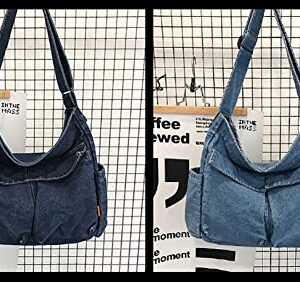 Single Color Denim Canvas Handbag Cross Body Shoulder Purse Bag Tote-Handbag with Pockets Daily Use Large Capacity for Women