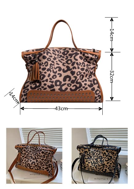 HANDAFA Ladies Leopard Print Tote Handbag Large Capacity Satchel Bag Fashion Shoulder Bag(Brown)