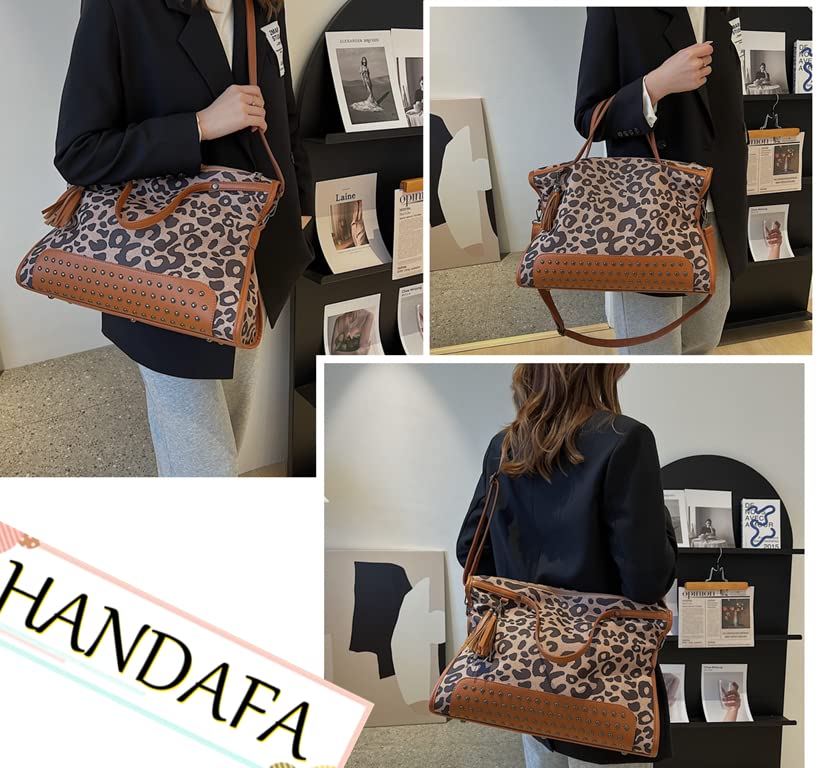 HANDAFA Ladies Leopard Print Tote Handbag Large Capacity Satchel Bag Fashion Shoulder Bag(Brown)