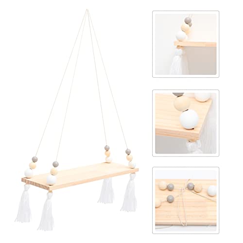 Milisten Rope Hanging Floating Shelves Wood Beads Wall Shelf Boho Storage Rack Decorative Display Ledge Shelf for Living Room Kids Room Bedroom Bathroom Kitchen White