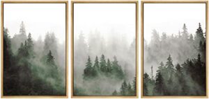 signwin framed canvas print wall art woodland nursery decor set fog & mist over green pine tree forest nature wilderness modern art chic landscape for living room, bedroom, office – 16″x24″x3 natural