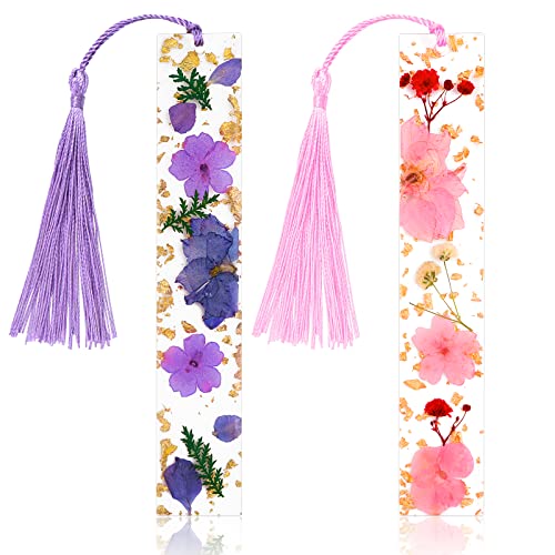 Prasacco 2 Pieces Bookmarks for Women, Dried Flower Resin Bookmarks Handmade Transparent Floral Dried Flower Book Markers with Silky Tassel for Women Girls Kids Christmas Gift Book Lovers