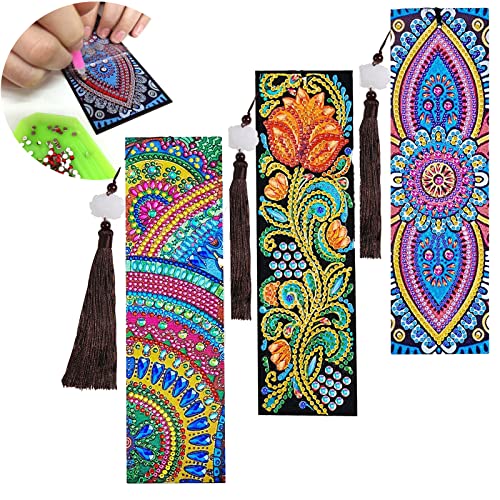 Diamond Painting Bookmark 3pack DIY Painting Bookmark Mandala Floral Beaded Bookmark Leather Tassel Bookmark for Valentine's Day Graduation Birthday Embroidery Arts Crafts