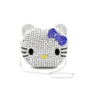 debimy cartoon cat crystal clutch cute cat evening bag holiday party handbag purse women girls bags white blue