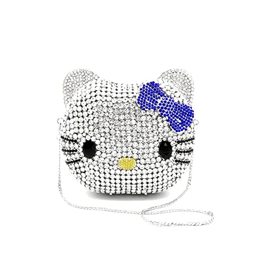 DEBIMY Cartoon Cat Crystal Clutch Cute Cat Evening Bag Holiday Party Handbag Purse Women Girls Bags White Blue