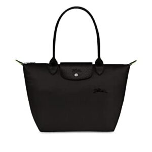 Longchamp Womens Le Pliage Green Shoulder Leather Trim Tote Handbag Black Large