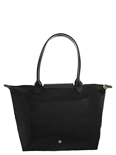 Longchamp Womens Le Pliage Green Shoulder Leather Trim Tote Handbag Black Large