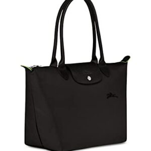 Longchamp Womens Le Pliage Green Shoulder Leather Trim Tote Handbag Black Large