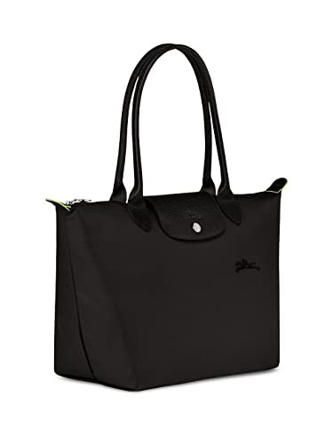 Longchamp Womens Le Pliage Green Shoulder Leather Trim Tote Handbag Black Large