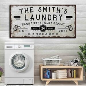 tailored canvases personalized laundry sign – large canvas wall art decor and accessories for laundry room, business and farmhouse – rustic wall decoration, family name wash dry fold repeat, 36″x12″
