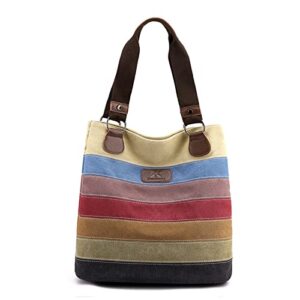 CORIOS Retro Women's Handbag Multicolor Striped Canvas Tote Bag Large Capacity Shoulder Bag Casual Hobo Bag Top Handle Bag for Travel Work Party Office Shopping Multicolor