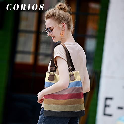 CORIOS Retro Women's Handbag Multicolor Striped Canvas Tote Bag Large Capacity Shoulder Bag Casual Hobo Bag Top Handle Bag for Travel Work Party Office Shopping Multicolor