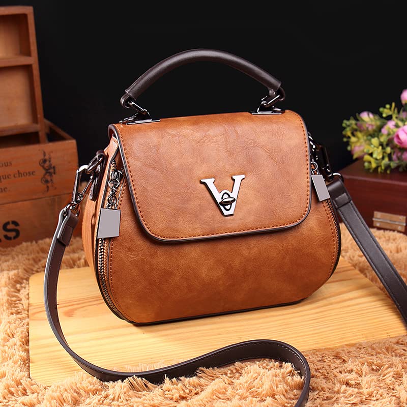 Top-Handle Bags Leather Crossbody Shoulder Bag Handbags for Women Saddle Bag Brown