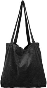 yinuo women’s corduroy tote bag, casual handbags big capacity shoulder shopping bag with 2 pockets (black)
