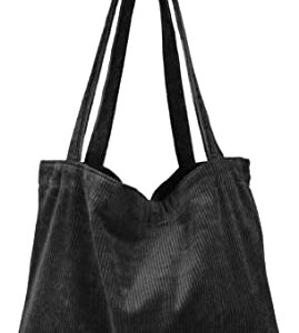 YINUO Women’s Corduroy Tote Bag, Casual Handbags Big Capacity Shoulder Shopping Bag with 2 Pockets (Black)