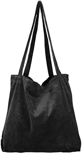 YINUO Women’s Corduroy Tote Bag, Casual Handbags Big Capacity Shoulder Shopping Bag with 2 Pockets (Black)