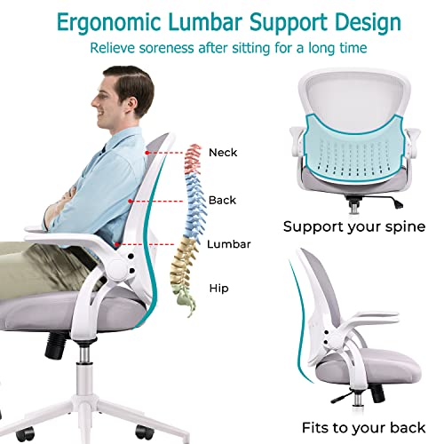 Office Chair, Ergonomic Desk Chair, Mid Back Mesh Computer Chair, Height Adjustable Rolling Swivel Task Chair with Flip-up Armrests and Lumbar Support, Gray