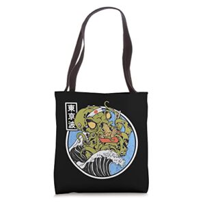 kraken eating ramen kanagawa wave octopus anime vaporwave tote bag