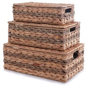 citylife water hyacinth storage baskets with lids handwoven wicker baskets for shelves stackable woven storage bins for organizing, set of 3