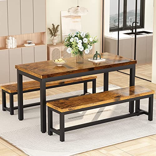 Hooseng Dining Table Set with Two Benches, Kitchen Table and Chairs for 4-6 Persons, 47in Space-Saving Bench Style Dining Table Set Furniture w/Heavy Duty Sturdy Metal, Easy Assemble, Rustic Brown