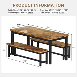 Hooseng Dining Table Set with Two Benches, Kitchen Table and Chairs for 4-6 Persons, 47in Space-Saving Bench Style Dining Table Set Furniture w/Heavy Duty Sturdy Metal, Easy Assemble, Rustic Brown