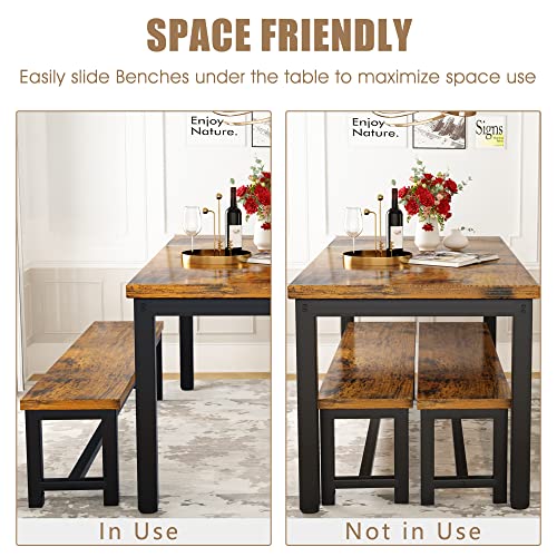 Hooseng Dining Table Set with Two Benches, Kitchen Table and Chairs for 4-6 Persons, 47in Space-Saving Bench Style Dining Table Set Furniture w/Heavy Duty Sturdy Metal, Easy Assemble, Rustic Brown