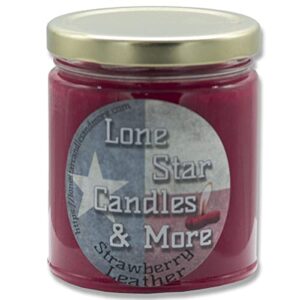 strawberry leather scented lone star candles hand poured 100 percent soy wax candle, an authentic aroma of genuine leather with sweet juicy strawberries, 9 oz glass jar, usa made, premium scents