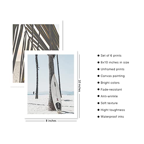 Admmixoo Beach Wall Art Prints Set of 6 Canvas Art Wall Artwork Landscape Coastal Surf Poster Palm Tree Pictures Photo Paintings on Canvas for Home Decor Room Wall Decor (8"x10" UNFRAMED)