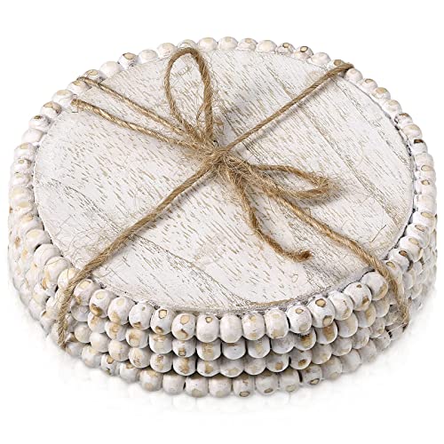 4 Pieces Wood Beaded Coasters 3.9 Inch Round Rustic Farmhouse Coasters Wooden Coasters for Drinks Decorative Table Top Coasters Wood Bar Coaster Set for Housewarming Home Kitchen (Beige)