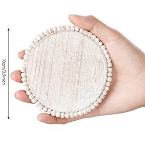 4 Pieces Wood Beaded Coasters 3.9 Inch Round Rustic Farmhouse Coasters Wooden Coasters for Drinks Decorative Table Top Coasters Wood Bar Coaster Set for Housewarming Home Kitchen (Beige)