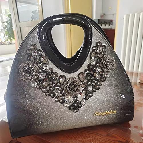 Shirt Luv Fashion Crystal Women Top Handle Satchel Handbags Leather Evening Bag Party Diamonds Shoulder Messenger Bags (Silver)