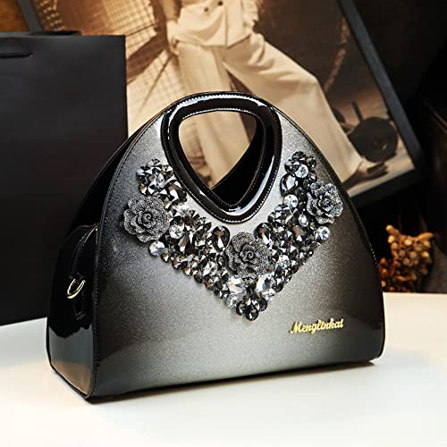Shirt Luv Fashion Crystal Women Top Handle Satchel Handbags Leather Evening Bag Party Diamonds Shoulder Messenger Bags (Silver)