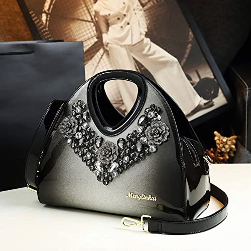 Shirt Luv Fashion Crystal Women Top Handle Satchel Handbags Leather Evening Bag Party Diamonds Shoulder Messenger Bags (Silver)