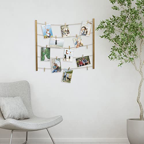 MELANNCO Natural Twine Two Bar Hanging Photo Collage with 30 Wood Clips