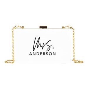 andaz press personalized acrylic clutch purse for bride custom mrs. white clutch box shoulder handbag with gold removable metal chain for wedding day bachelorette bridal shower engagement gift, 1-pack
