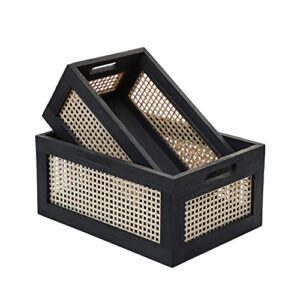 desktop storage basket, sundry office drawer storage box, wood frame storage basket. (black-set2)