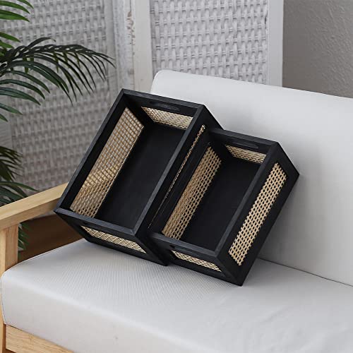 Desktop storage basket, sundry office drawer storage box, wood frame storage basket. (Black-Set2)