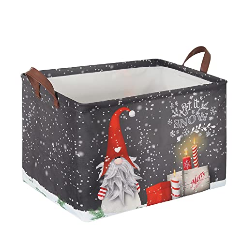 Funnewban Christmas Gnome Snowflake Storage Bin Basket Collapsible with Leather Handles Waterproof Canvas Storage Cube Box for Closet Toys Clothes Nursery Room Gift Basket