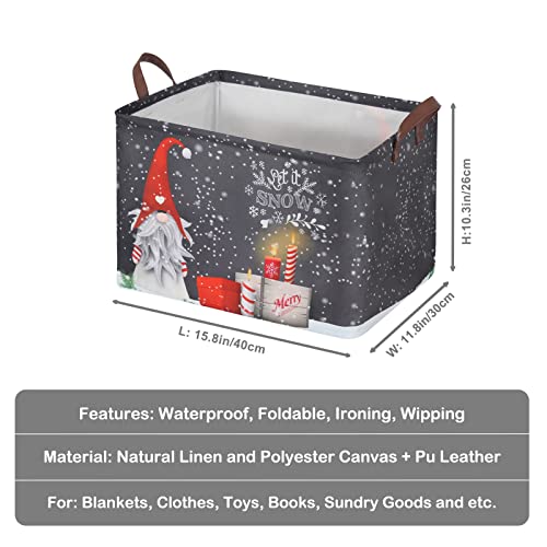 Funnewban Christmas Gnome Snowflake Storage Bin Basket Collapsible with Leather Handles Waterproof Canvas Storage Cube Box for Closet Toys Clothes Nursery Room Gift Basket