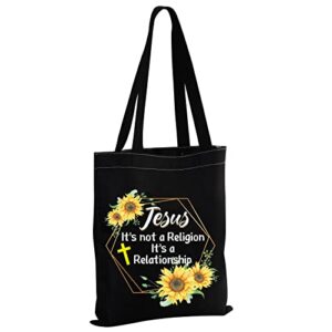 mbmso jesus tote bag it’s not a religion it’s a relationship shoulder bag christian sunflower gifts religious shopping bags (jesus tb-black)