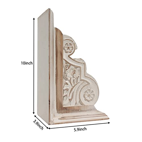 1 Pair Rustic Distressed Finish Wood Bookends, White Bookends Decorative Unique, Carved Pattern Farmhouse Book Ends for Shelves, Bookends for Heavy Books, Wooden Corbels for Home Room Decor