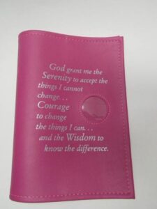 alcoholics anonymous aa big book cover serenity prayer & medallion holder pink