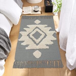 leevan bathroom rug 2′ x 3′ cotton moroccan kitchen throw rugs grey accent geometric tufted doormat with tassels woven farmhouse small area rug tribal machine washable rug for entryway hallway