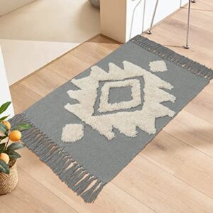 LEEVAN Bathroom Rug 2' x 3' Cotton Moroccan Kitchen Throw Rugs Grey Accent Geometric Tufted Doormat with Tassels Woven Farmhouse Small Area Rug Tribal Machine Washable Rug for EntryWay Hallway