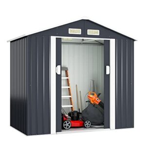 hogyme 7′ x 4.2′ metal outdoor storage shed, galvanized steel garden shed & outdoor storage suitable for lawn mower bike, backyard tool shed with lockable/sliding door and stable base, 4 vents, gray