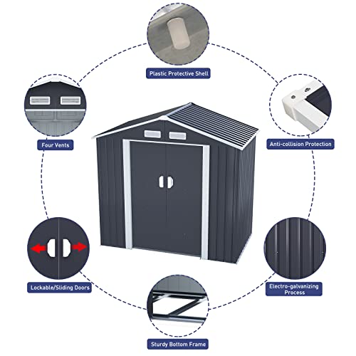 HOGYME 7' x 4.2' Metal Outdoor Storage Shed, Galvanized Steel Garden Shed & Outdoor Storage Suitable for Lawn Mower Bike, Backyard Tool Shed with Lockable/Sliding Door and Stable Base, 4 Vents, Gray