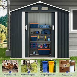 HOGYME 7' x 4.2' Metal Outdoor Storage Shed, Galvanized Steel Garden Shed & Outdoor Storage Suitable for Lawn Mower Bike, Backyard Tool Shed with Lockable/Sliding Door and Stable Base, 4 Vents, Gray