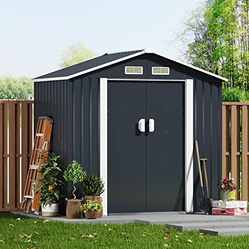 HOGYME 7' x 4.2' Metal Outdoor Storage Shed, Galvanized Steel Garden Shed & Outdoor Storage Suitable for Lawn Mower Bike, Backyard Tool Shed with Lockable/Sliding Door and Stable Base, 4 Vents, Gray