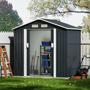 HOGYME 7' x 4.2' Metal Outdoor Storage Shed, Galvanized Steel Garden Shed & Outdoor Storage Suitable for Lawn Mower Bike, Backyard Tool Shed with Lockable/Sliding Door and Stable Base, 4 Vents, Gray