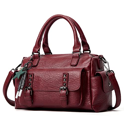 PORRASSO Retro Handbag Women Crossbody Bag Ladies Shoulder Bag with Pendant Satchel Waterproof PU Leather Top-Handle Bag Work Travel Dating Boston Bag Red Wine